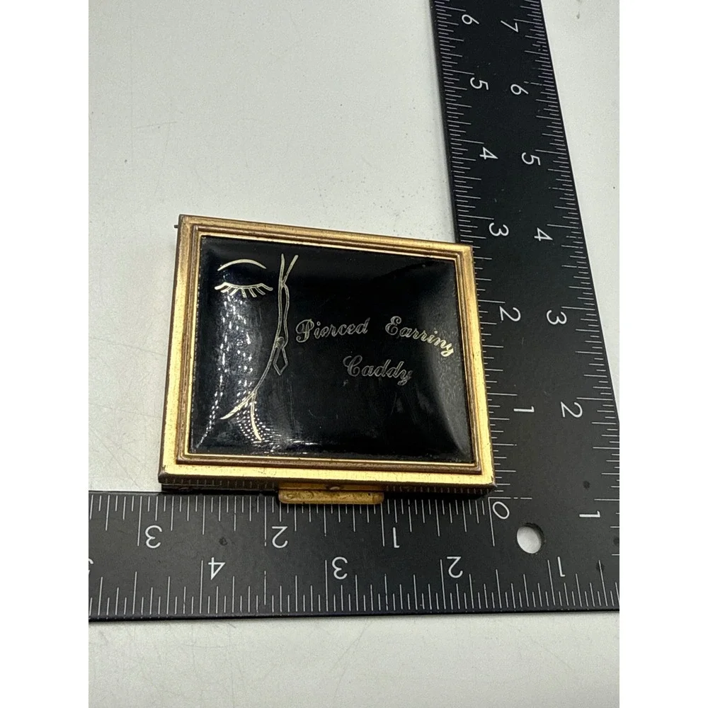 Vtg Pierced Earring Caddy Travel Case Black Enamel Gold Tone Compact Organizer